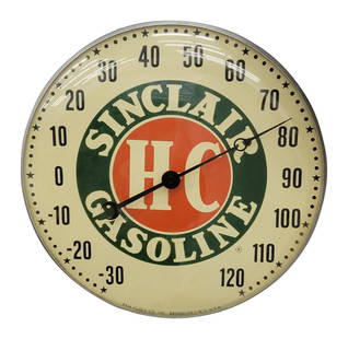 Rare Sinclair H-C Gasoline 12" Pam Thermometer w/ Logo: The thermometer appears to keep accurate temperature. The inner face has slight age toning present and the outer glass is clean. The back of the case has a small tear on one side mounting tab. The low