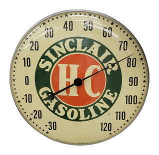 Rare Sinclair H-C Gasoline 12" Pam Thermometer w/ Logo: The thermometer appears to keep accurate temperature. The inner face has slight age toning present and the outer glass is clean. The back of the case has a small tear on one side mounting tab. The