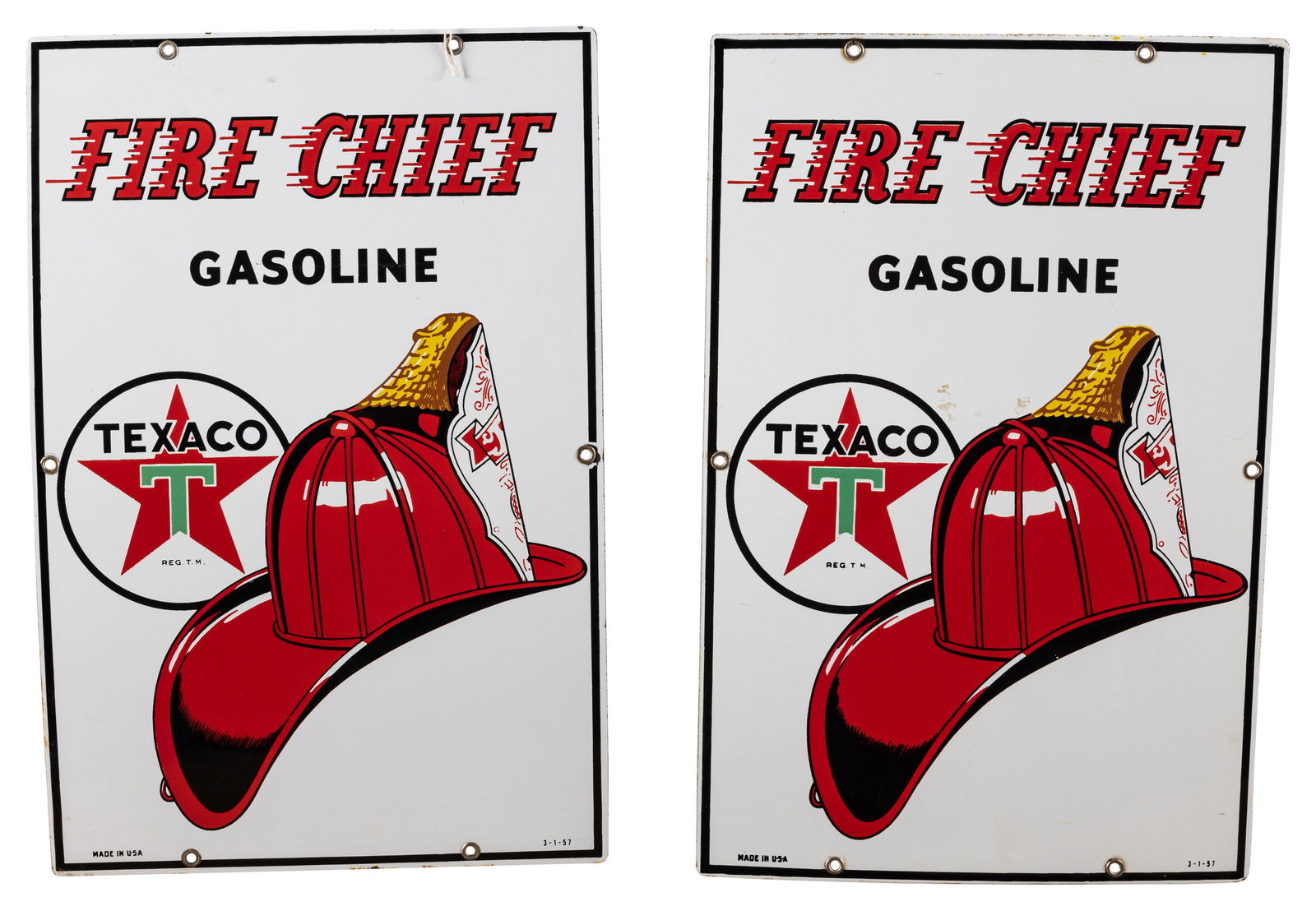 Lot of 2 1957 Texaco Fire Chief Gasoline Porcelain Pump Plates (1 of 2)