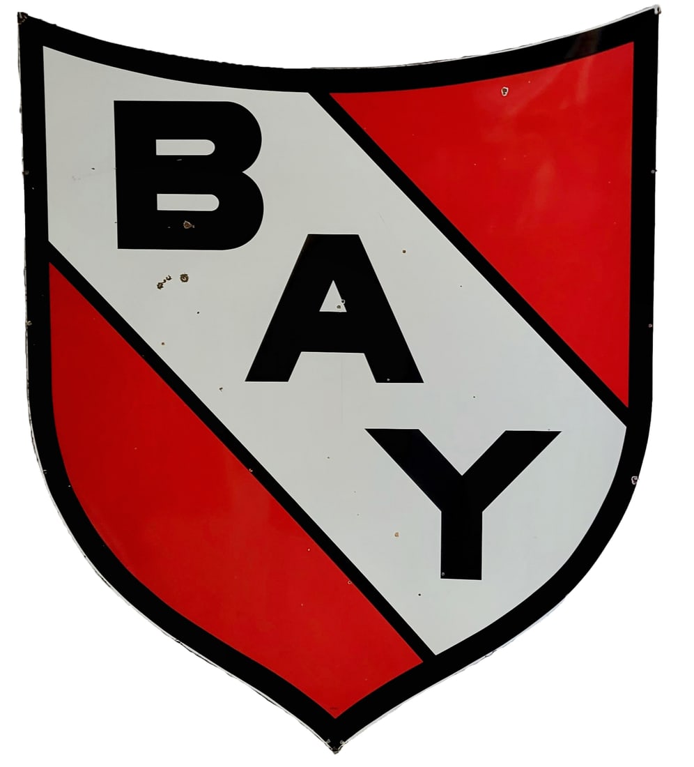 1963 Bay Gasoline Double Sided Porcelain Shield ID Sign: DSP shield shaped sign has excellent color and gloss. Side #1 has chips and scratches in the fields with a faint bend in the "B" of Bay. The perimeter has small chips present. The reverse is similar. 