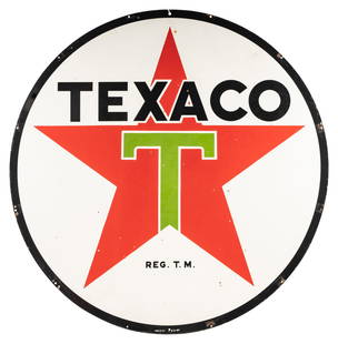 1957 Texaco Gasoline 72" Double Sided Porcelain ID Sign: DSP sign has very good color and gloss. Side #1 has small chips and scratches in the fields. The reverse is similar. The lower edge is marked Made in U.S.A. 3-2-57. The sign displays well with bright