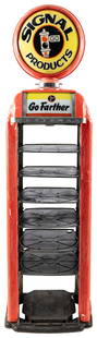 Signal National Display Gas Station Cabinet w/ Ad Glass & Globe: National gas pump display cabinet has original Signal ad glass on one side. The outer skins and top of the pump have been painted with a red and white crackle color scheme. The inside of the pump has