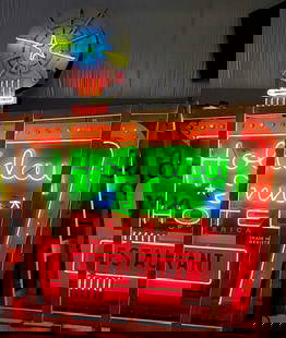 Outstanding Holiday Inn Hotel Restaurant Neon Sign w/ Chaser Bulbs: Multipiece SST reflective neon sign with chaser bulbs has very good color and shine. The lettering in the field and the bricks at the bottom of the sign are reflective. The reflective lettering has cr