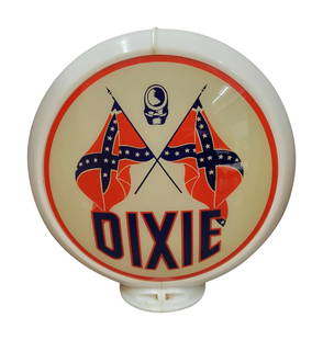 Dixie Gasoline 13.5" Complete Gas Pump Globe on Capco Body w/ Cross Flag Logo: Nice pair of original Dixie lenses mounted on a capco body. Both lenses are very clean with bright colors throughout. The capco body has a stress crack on the upper edge. PLEASE NOTE, THERE IS ONLY ON