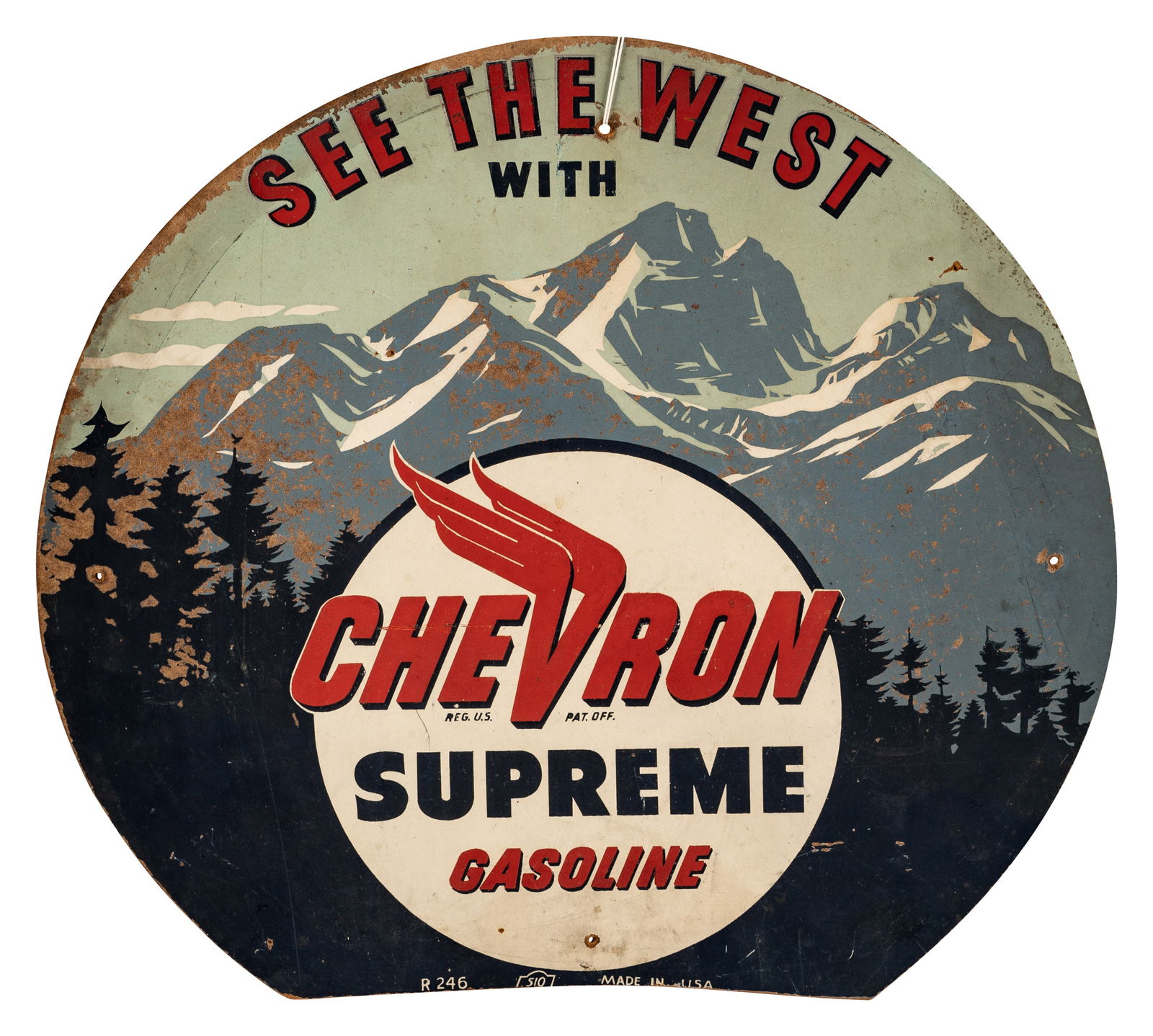 Chevron Supreme Gasoline See The West Single Sided Masonite Sign (1 of 1)