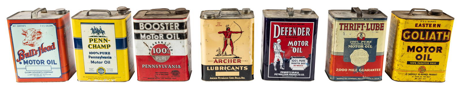 Lot of 7 Two Gallon Motor Oil Cans Penn-Champ Goliath Bulls Head Archer & More: Nice lot of 7 metal two gallon motor oil cans. All cans are empty and have their caps. The cans vary in condition from Very good to poor. `` PLEASE NOTE, THERE IS ONLY ONE WAY TO PAY FOR ONLINE ITEMS