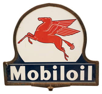 Mobil Oil Pegasus Double Sided Porcelain Lollipop Curb Sign: DSP lollipop service station sidewalk curb sign with metal frame. Sign has good color and gloss with minor light scratches on each side. Metal frame has normal wear. No pole or base, sign only. 32.5"