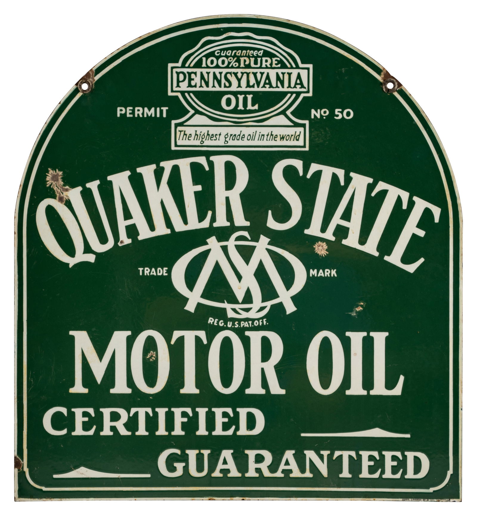 Quaker State Motor Oil Certified Guaranteed Double Sided Porcelain Tombstone Sign (1 of 2)