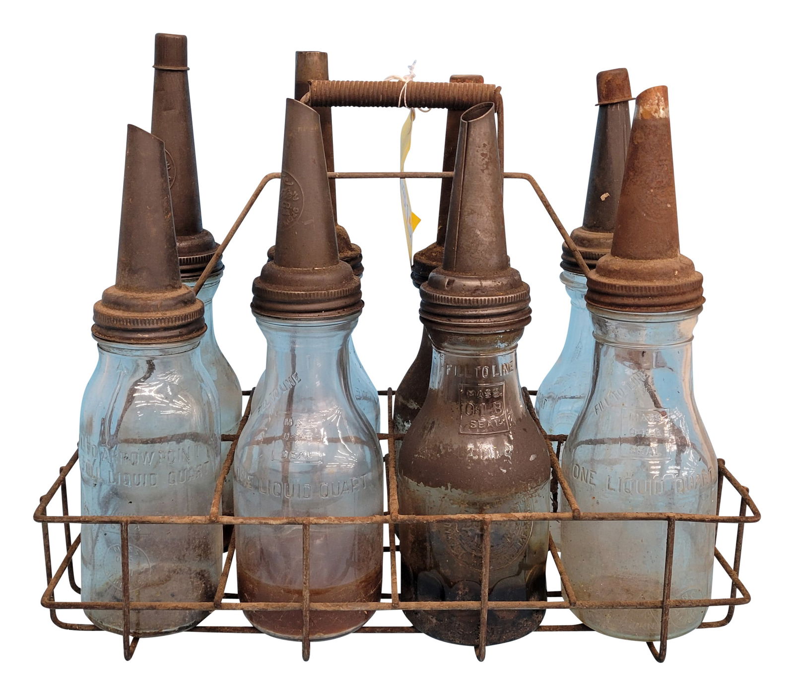 Eight One Quart Glass Oil Bottles and Carrier (1 of 1)