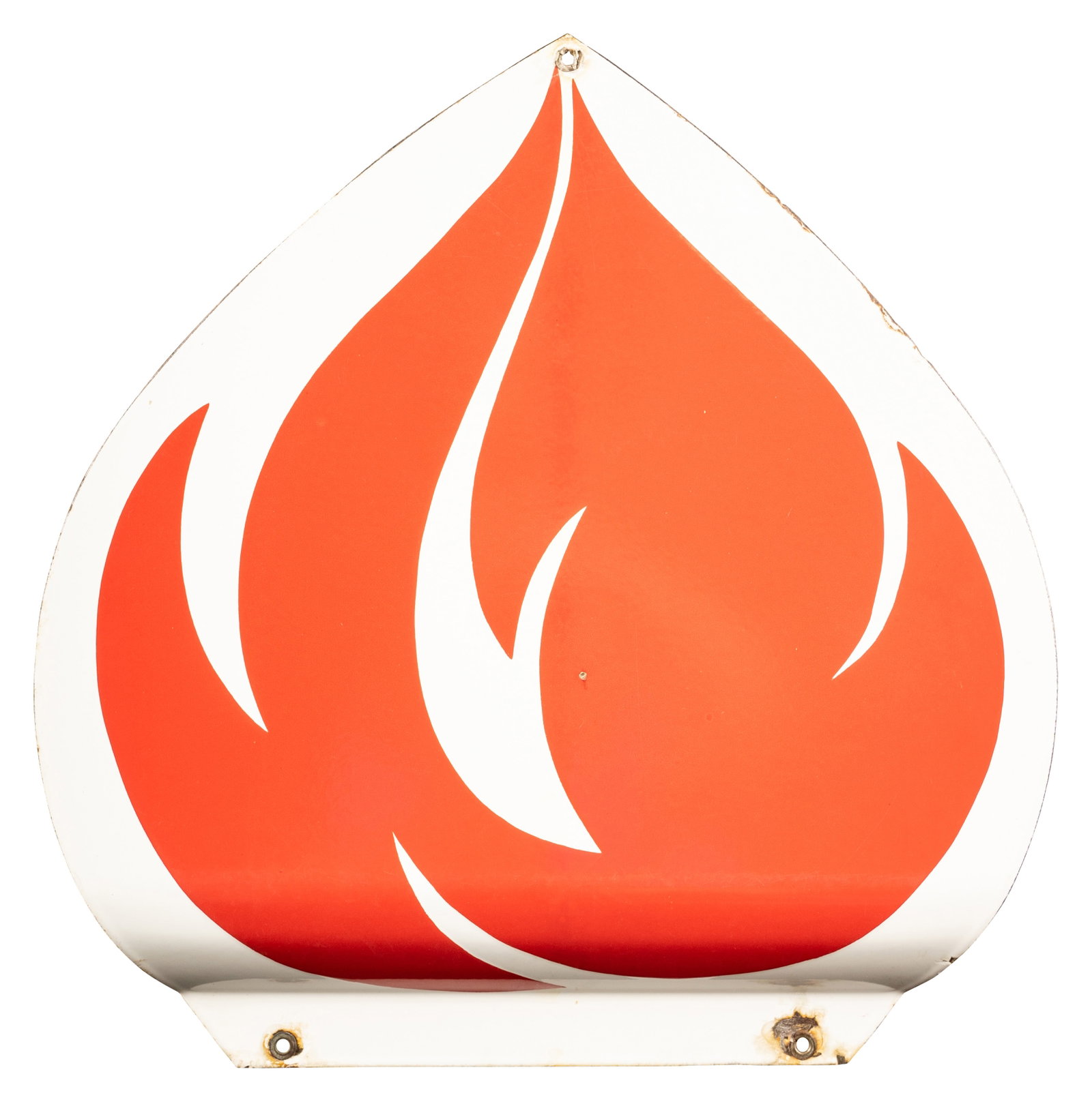 American Single Sided Porcelain Flame Topper Sign: SSP die cut flame has excellent color and gloss. The flame has a tiny chip in the field. There are small chips around the perimeter. The flame is very nice overall. 16" x 15.75". PLEASE NOTE, THERE IS