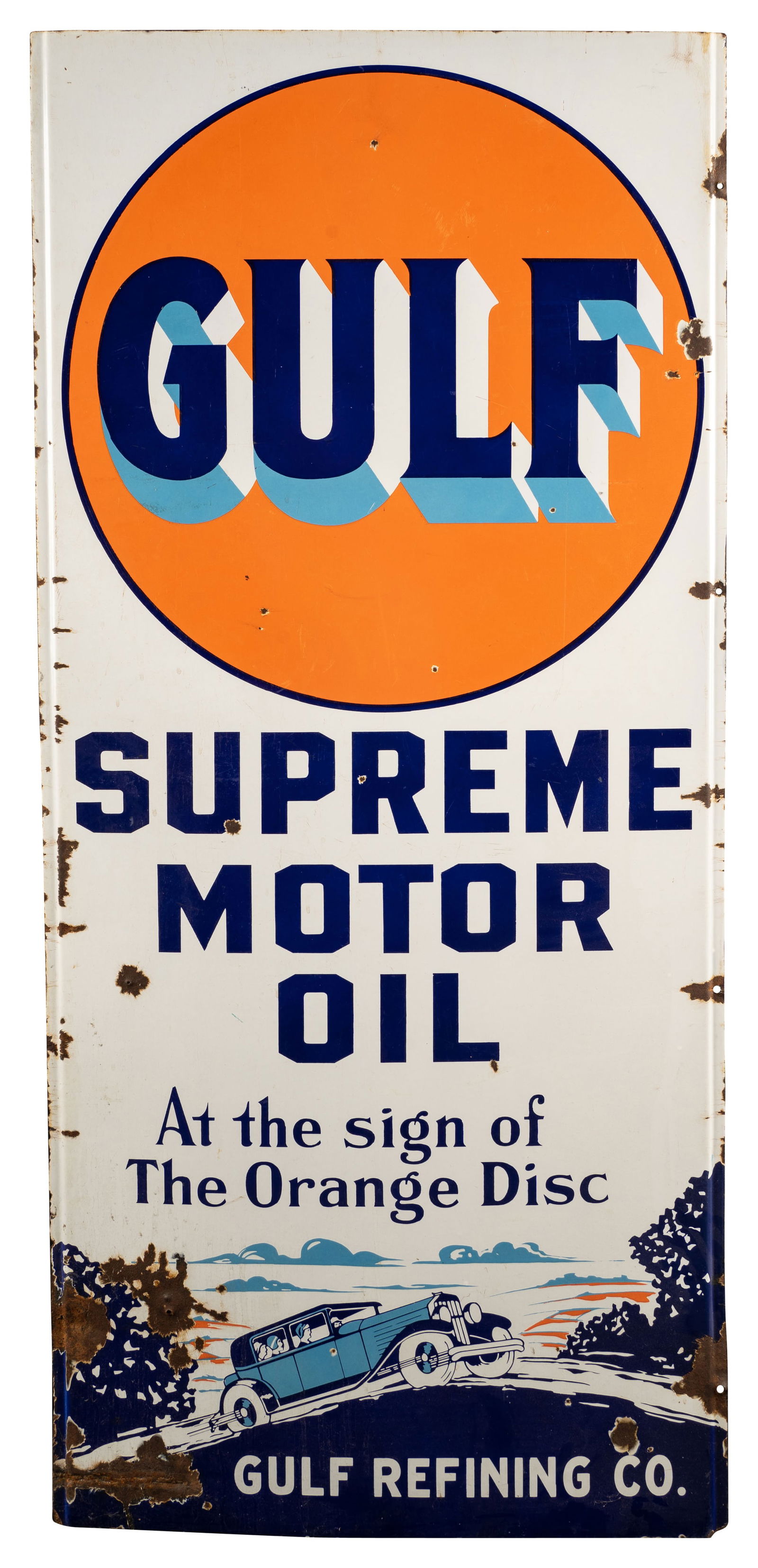 Gulf Supreme Auto Oil Single Sided Porcelain Lighthouse Sign w/ Touring Car (1 of 2)