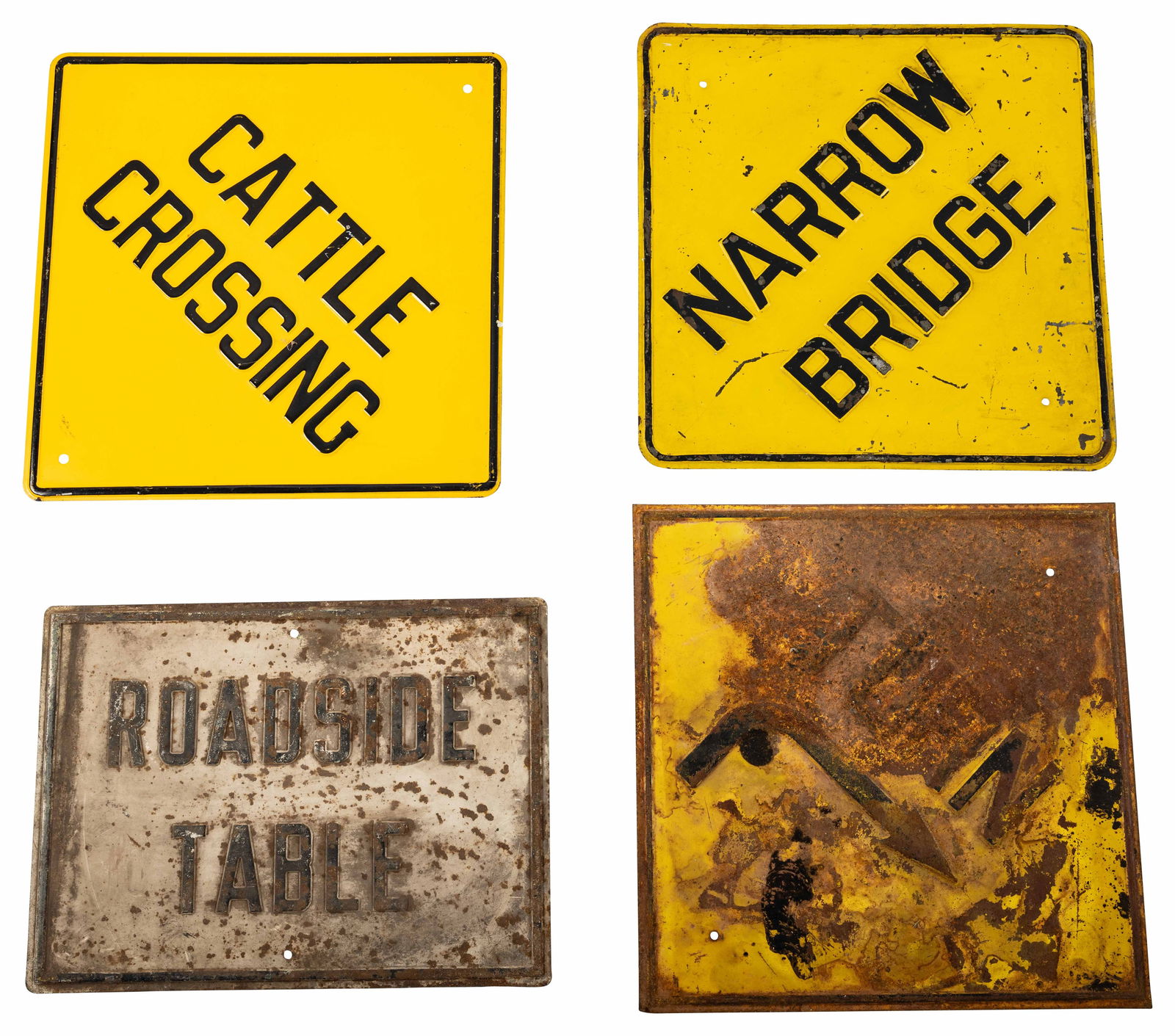 Lot of 4 Embossed Steel Road Signs - Roadside Table, Cattle Crossing, Narrow Bridge, and Turn (1 of 2)