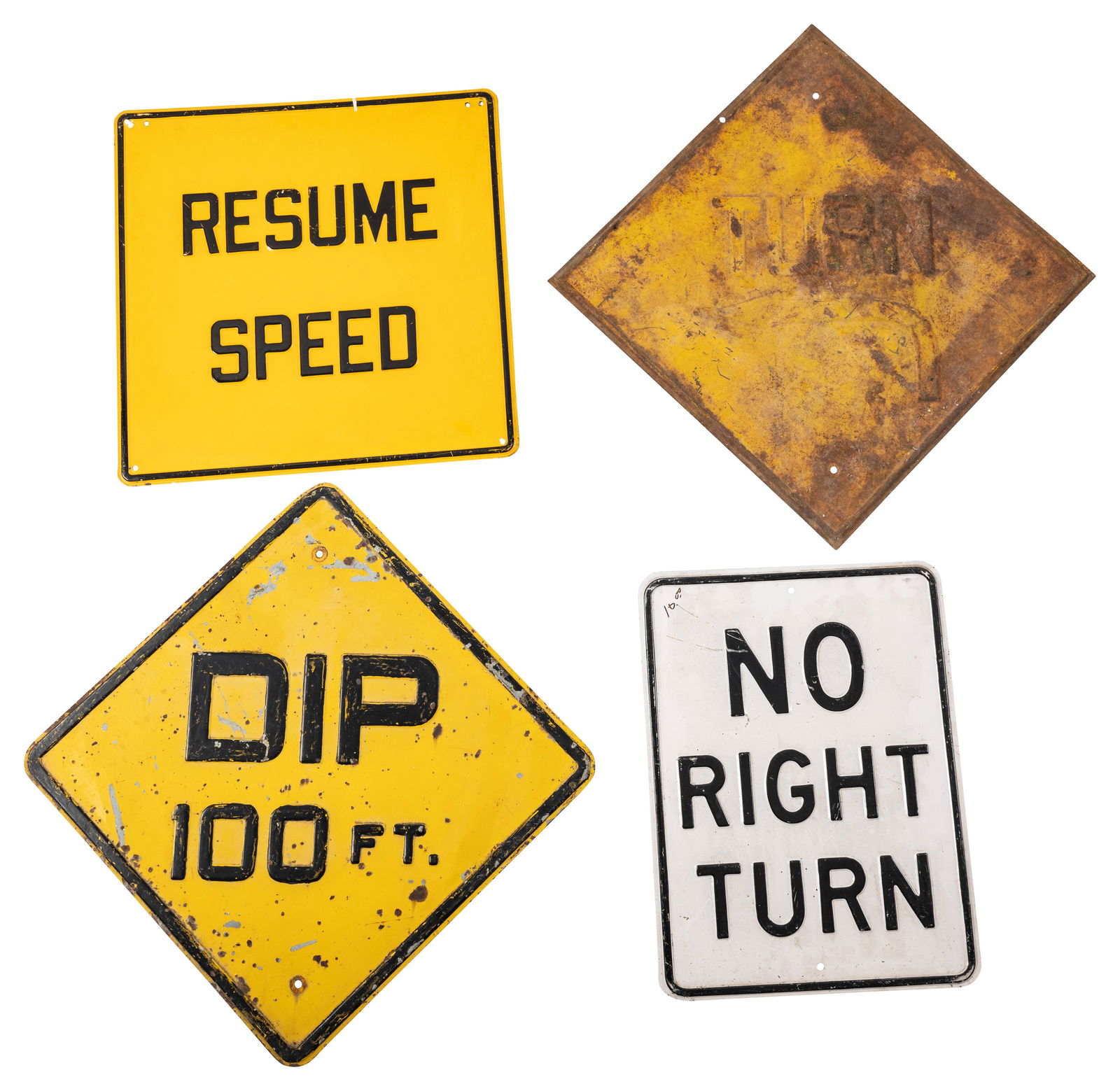 Lot of 4 Embossed Steel Road Signs - Resume Speed, Dip, No Right Turn, and Turn (1 of 2)