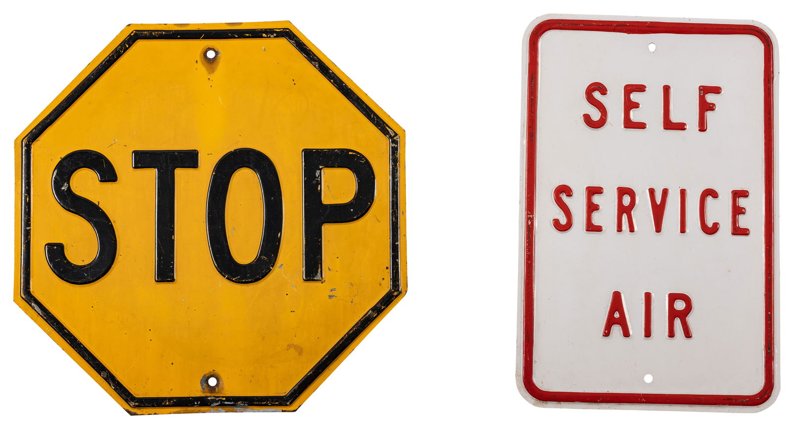 Lot of 2 Embossed Steel Road Signs - Stop and Self Service Air (1 of 2)