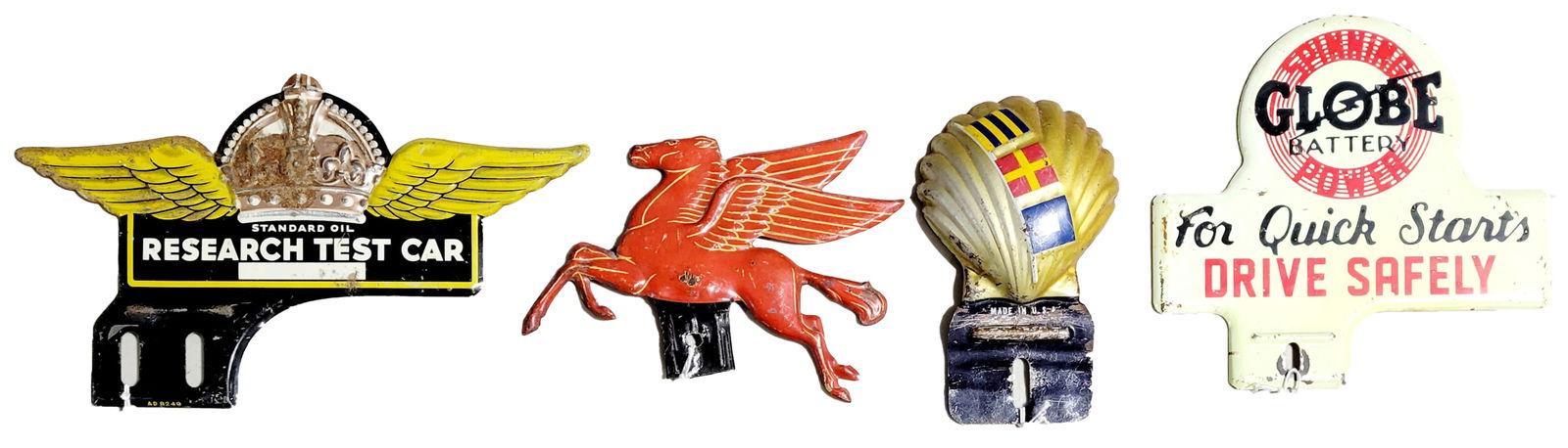 Lot of 4 Metal License Plate Topper Attachments Globe Standard Shell & Mobil (1 of 1)