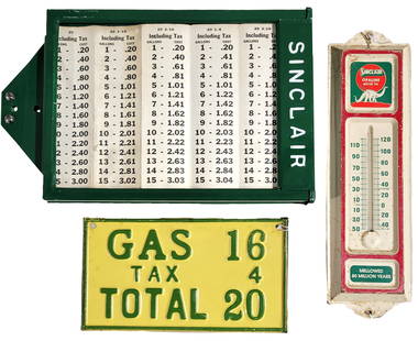 Lot of 3 Sinclair Items Gas Pump Embossed Pricer Box Thermometer and SST Sign: Group of three Sinclair items. Pricer box is embossed and has been repainted. The glass is missing on one side. Its displays very well. The thermometer is modern and the tube is broken. The SST emboss