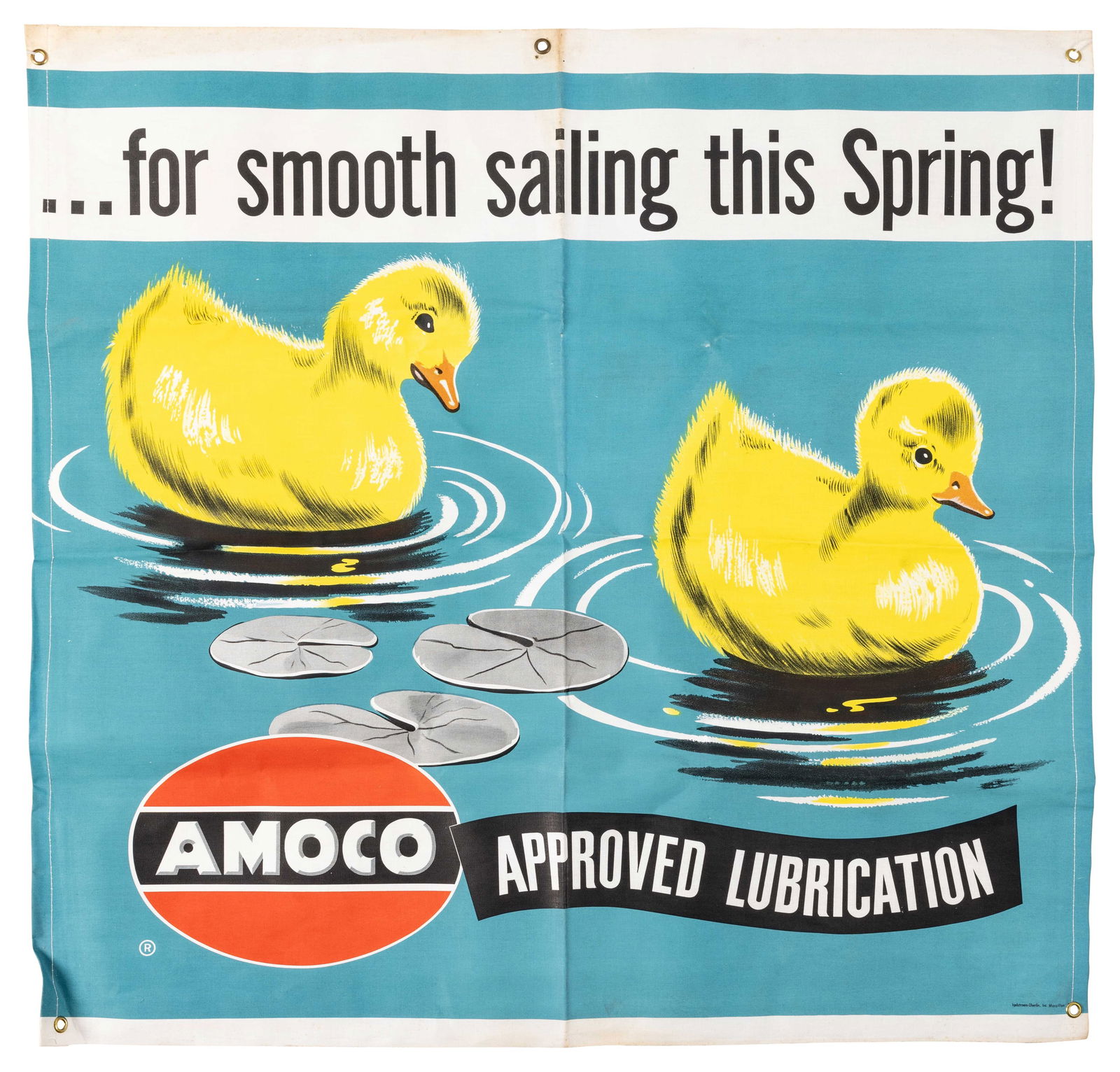 Amoco Approved Lubrication For Smooth Sailing this Spring! Cloth Banner with Pond Scene & Logo (1 of 2)