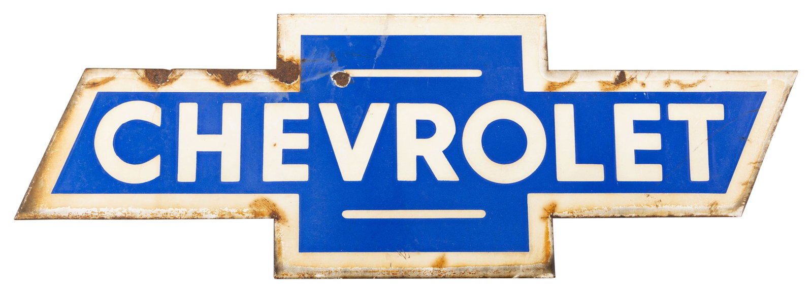 Chevrolet SSP Bowtie Sign: SSP sign has good color and gloss. The sign has general rust staining, a chip in the upper field and chips along the perimeter. The reverse has a flange edge where the sign would have mounted under an