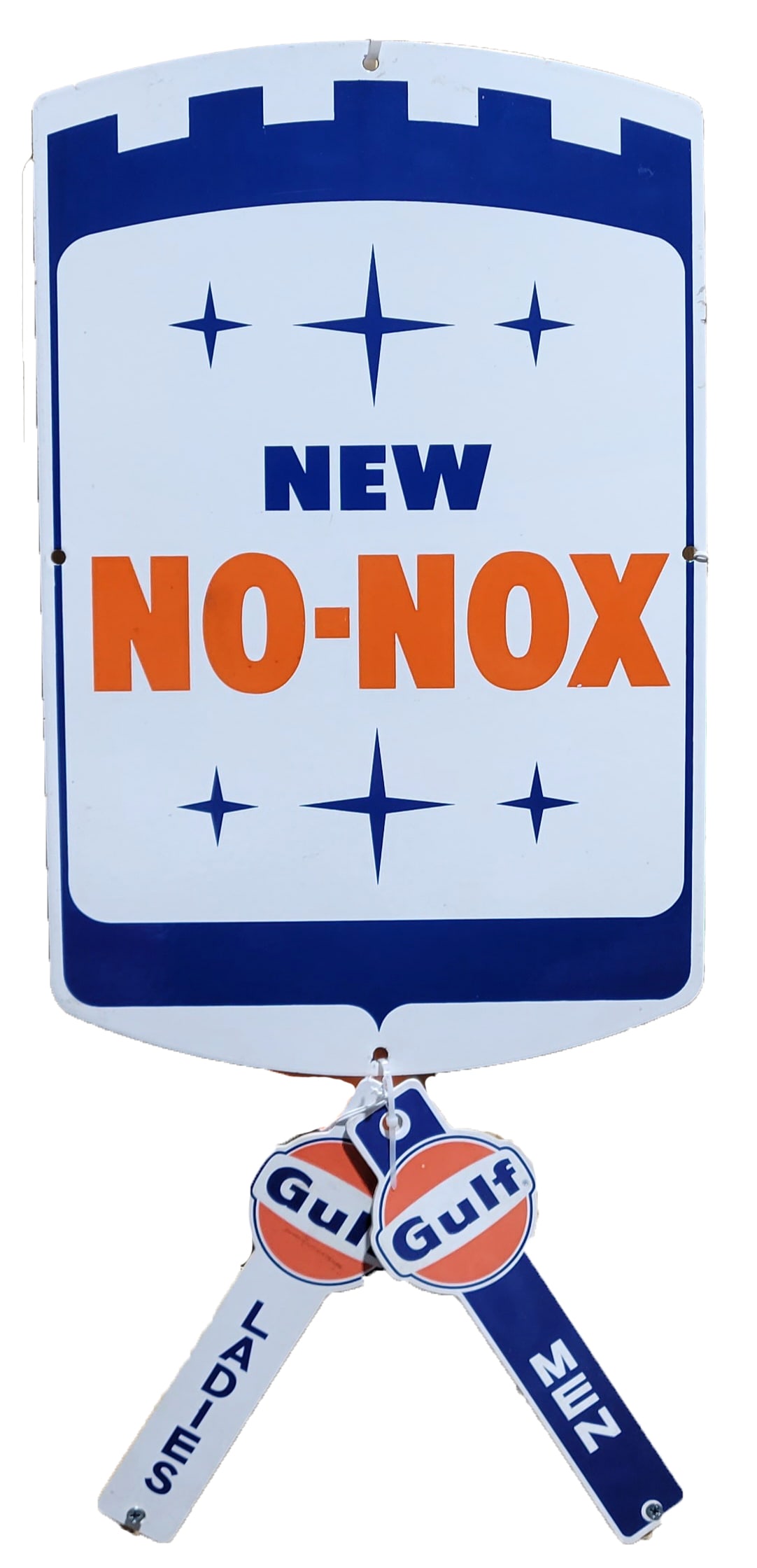 Gulf New No-Nox Gasoline SSP Pump Plate Sign w/ Men & Ladies Restroom Keys Holders (1 of 1)