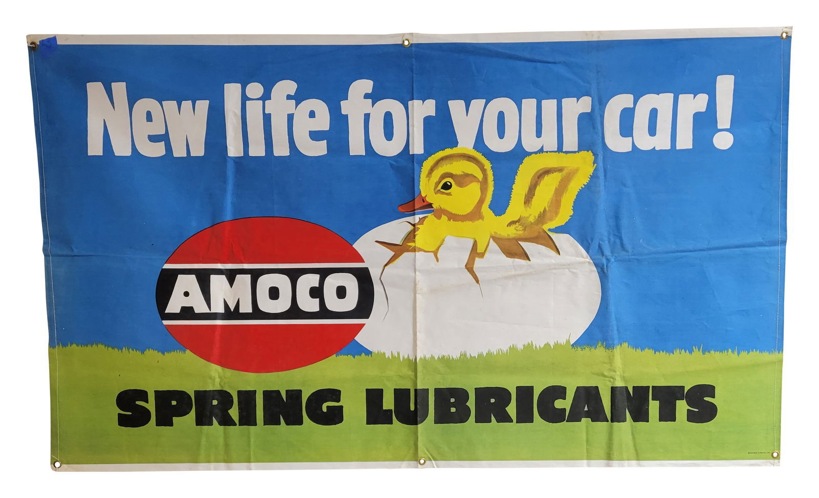 Amoco Gasoline Motor Oil Spring Lubricants Cloth Banner w/ Chick Egg & Logo (1 of 1)