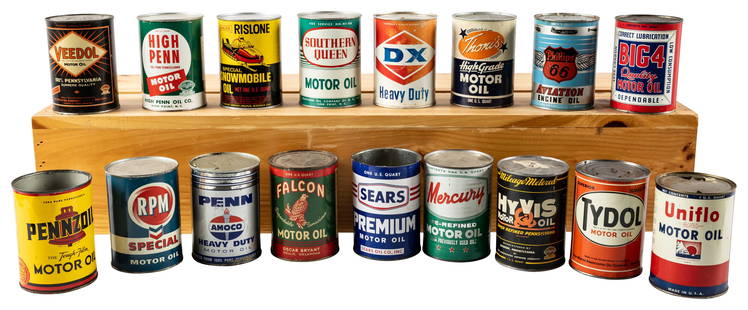 Lot of 16 Metal One Quart Motor Oil Cans Veedol RPM Hyvis Tydol & More: Great lot of 16 metal one quart motor oil cans and 1 Thoni's composite can. The Big 4 can is full. The Pennzoil, Hyvis and Sears are missing a lid. All other cans have top and bottom lids and are empt