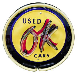 OK Chevrolet Used Cars Embossed Metal Neon Sign (Modern): Nice two color neon embossed tin sign displays very well. The sign is clean and the neon works as it should. This is a modern sign. 14"d. PLEASE NOTE, THERE IS ONLY ONE WAY TO PAY FOR ONLINE ITEMS IN