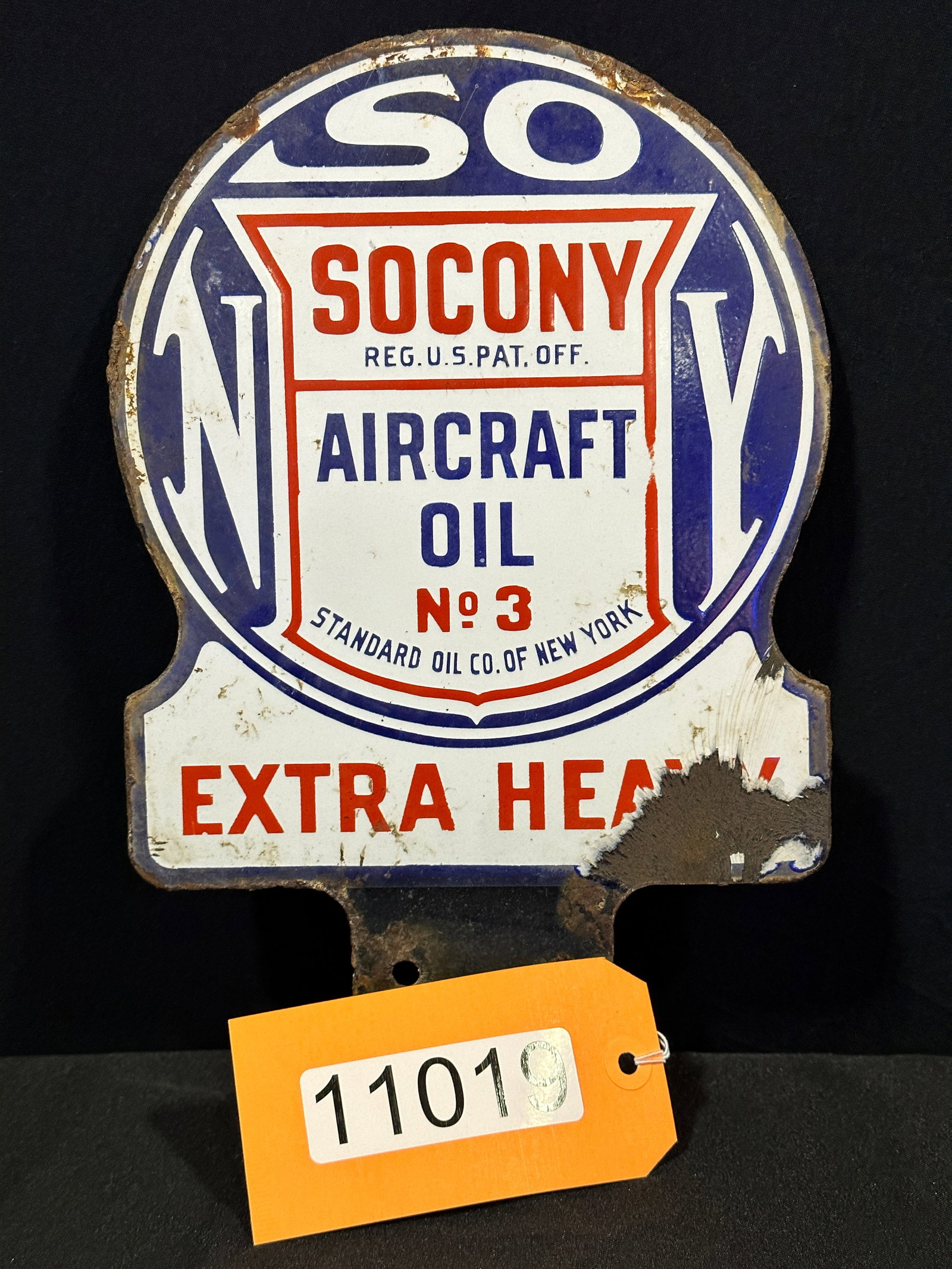 Socony Aircraft Oil Extra Heavy License topper sign: DSP (double sided porcelain) Socony Aircraft oil Extra Heavy Porcelain No 3 license plate topper. 12" H x 8" W.