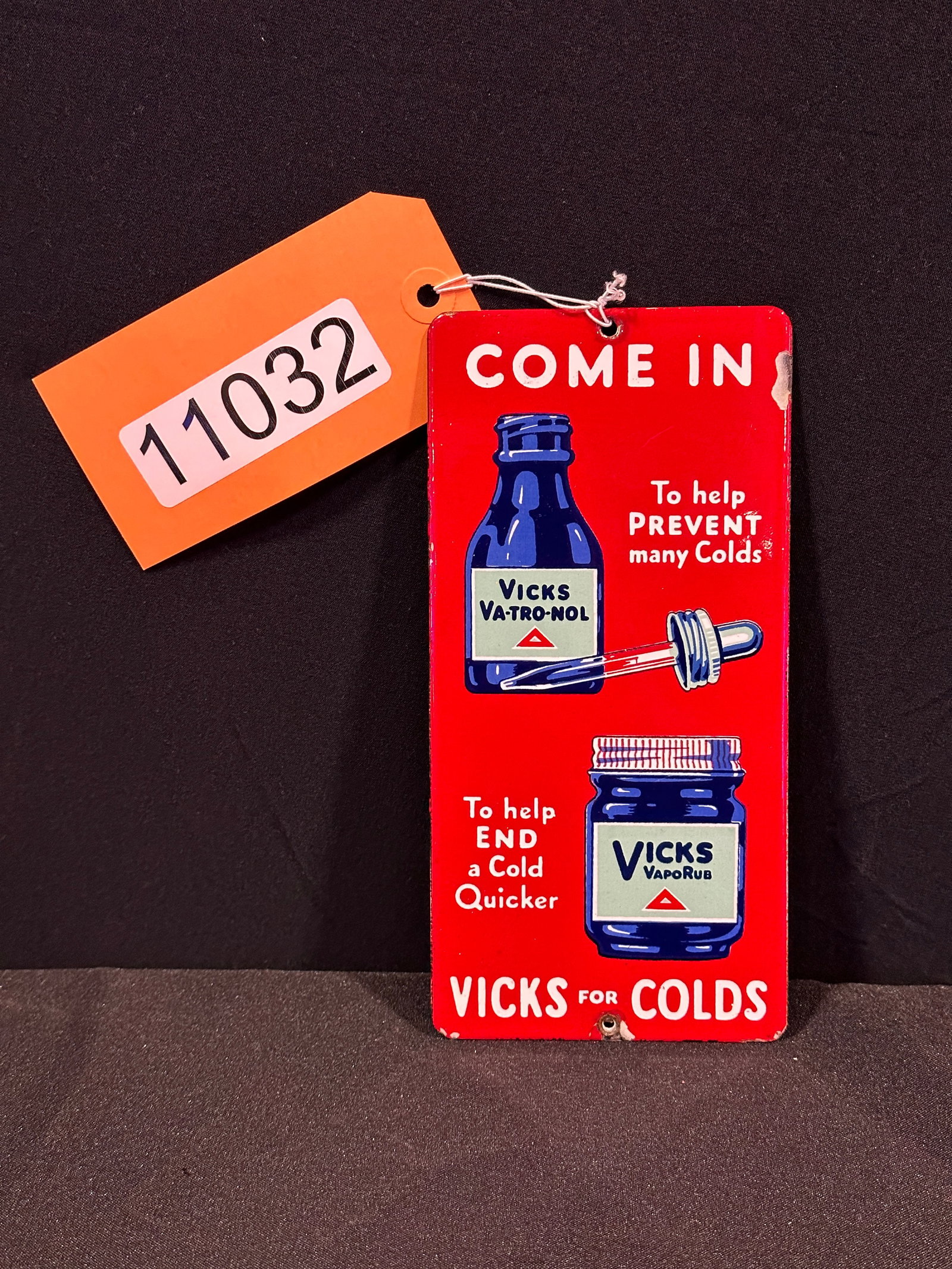 Vicks for colds porcelain palm press sign: SSP (single sided porcelain) Vicks for colds porcelain palm press sign. 7.75" H x 3.75" W.