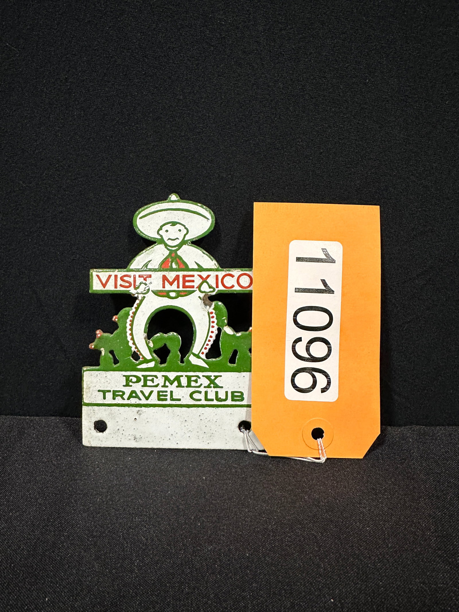 Visit Mexico Pemex travel club porcelain license topper: SSP (single sided porcelain) Visit Mexico Pemex travel club porcelain license topper. 5" H x 3.5" W.