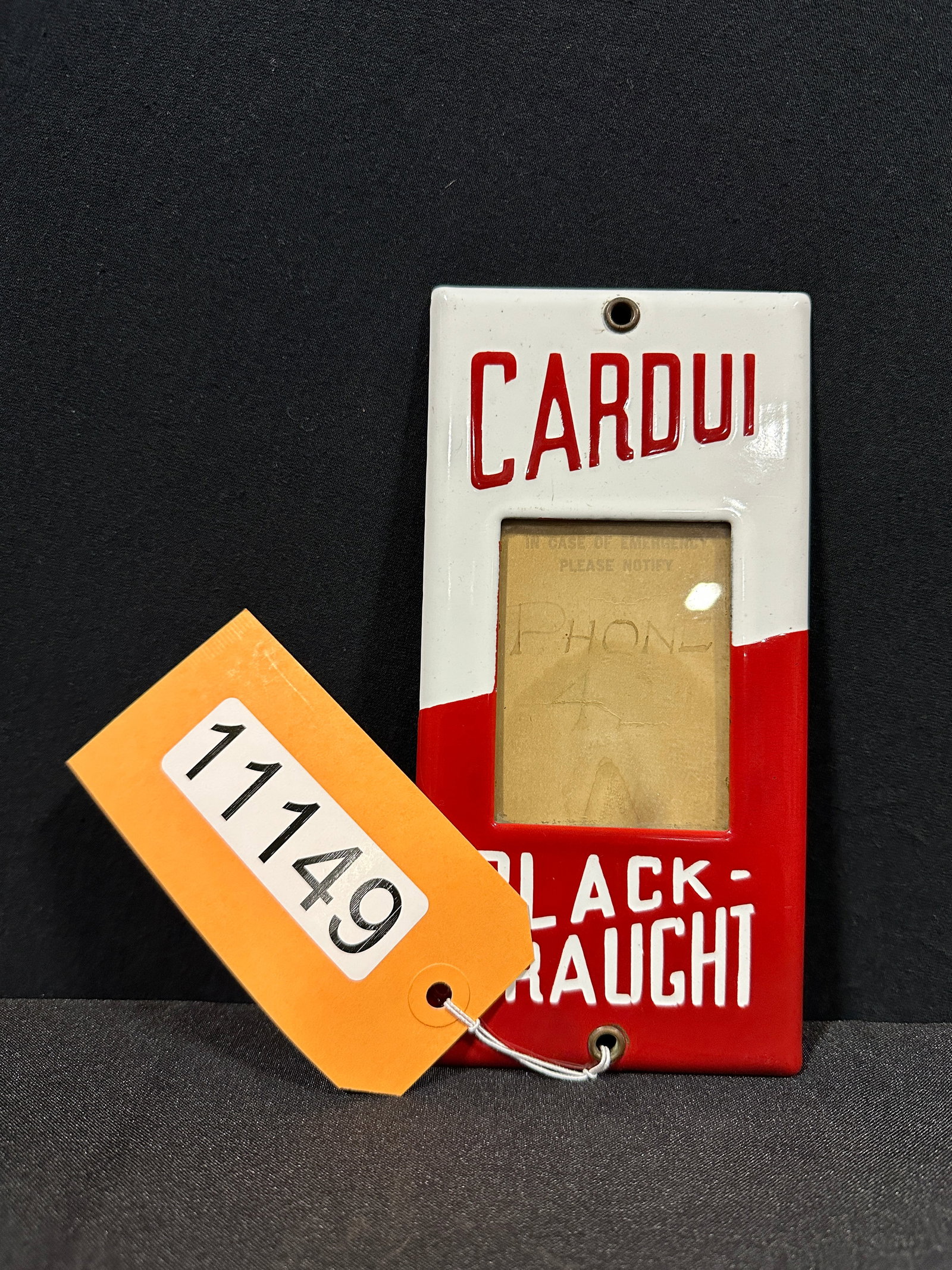 Cardui black draught medicine porcelain door push sign: SSP (single sided porcelain) Cardui black draught. In case of emergency phone 42 insert. Porcelain door push. 7.75" H x 4" W.