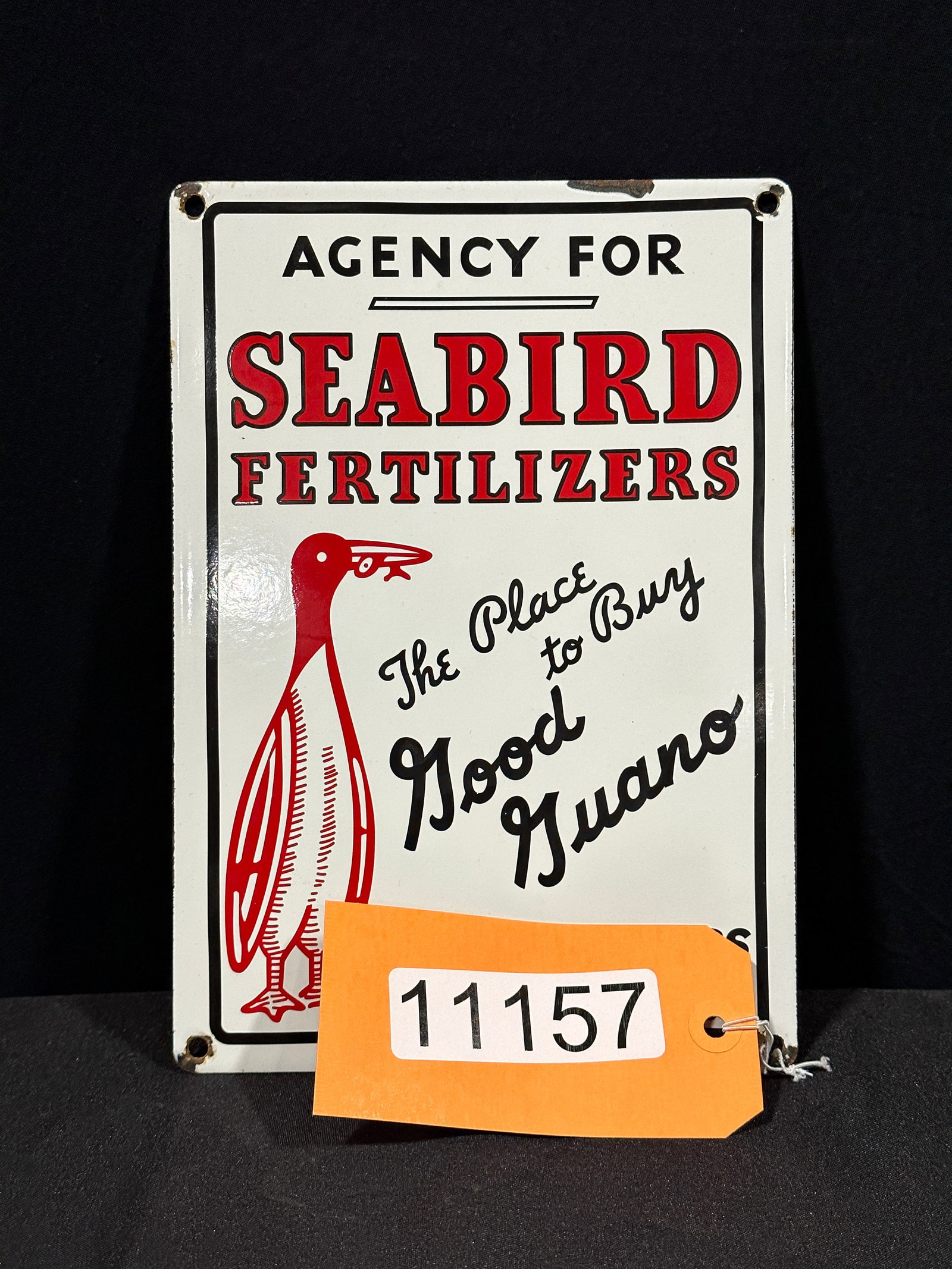 Seabird Fertilizers good guano porcelain sign: SSP (single sided porcelain) Seabird fertilizers good guano porcelain sign for all crops. 10" H x 7" W. Age unknown.
