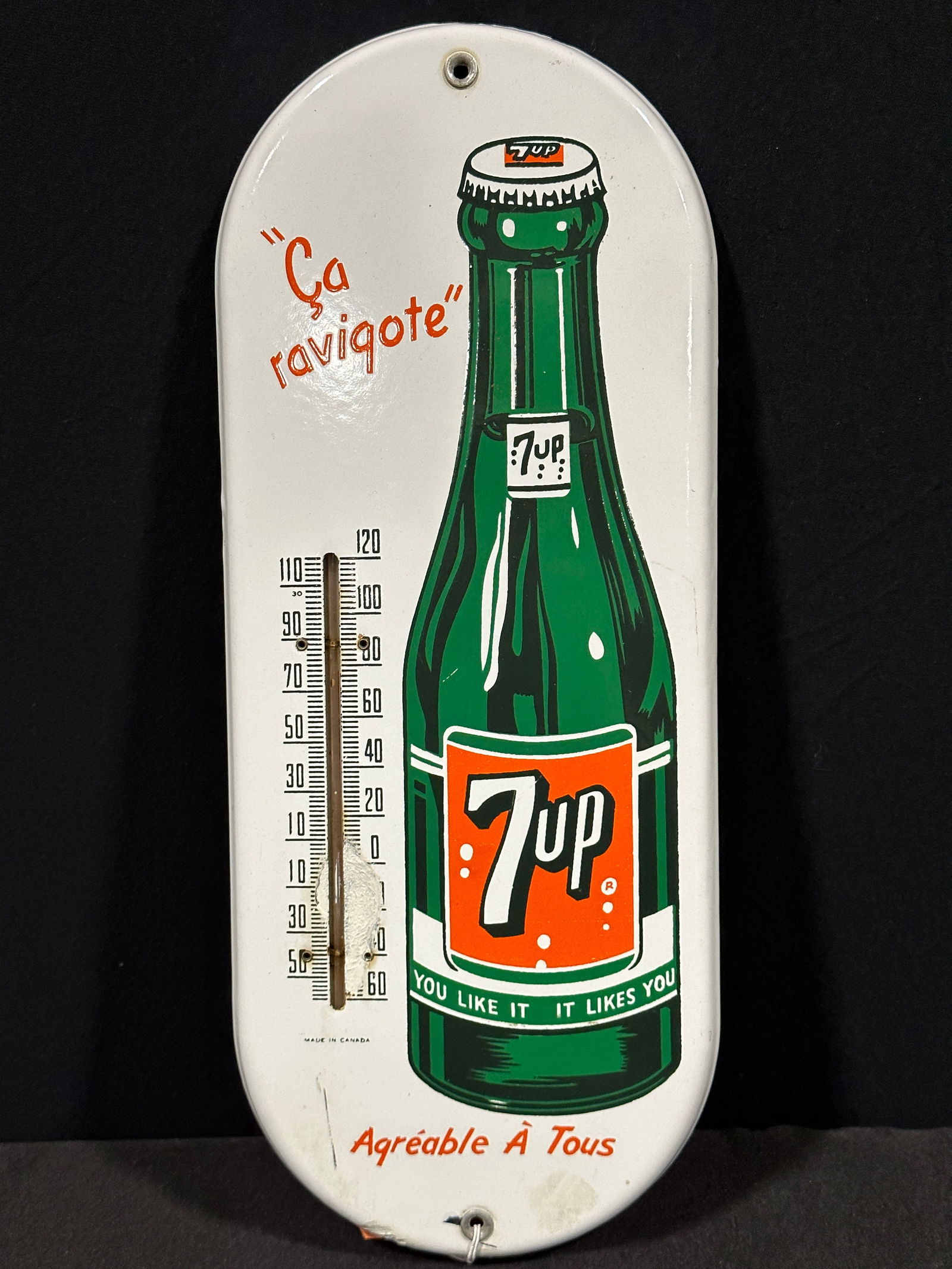 7up Ca Raviqote painted metal thermometer sign French (1 of 2)