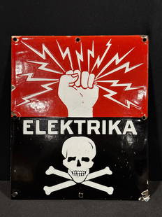 Elektrika danger electrical skull porcelain sign: SSP (single sided porcelain) Eletrika porcelain sign. 12" H x 10" W.