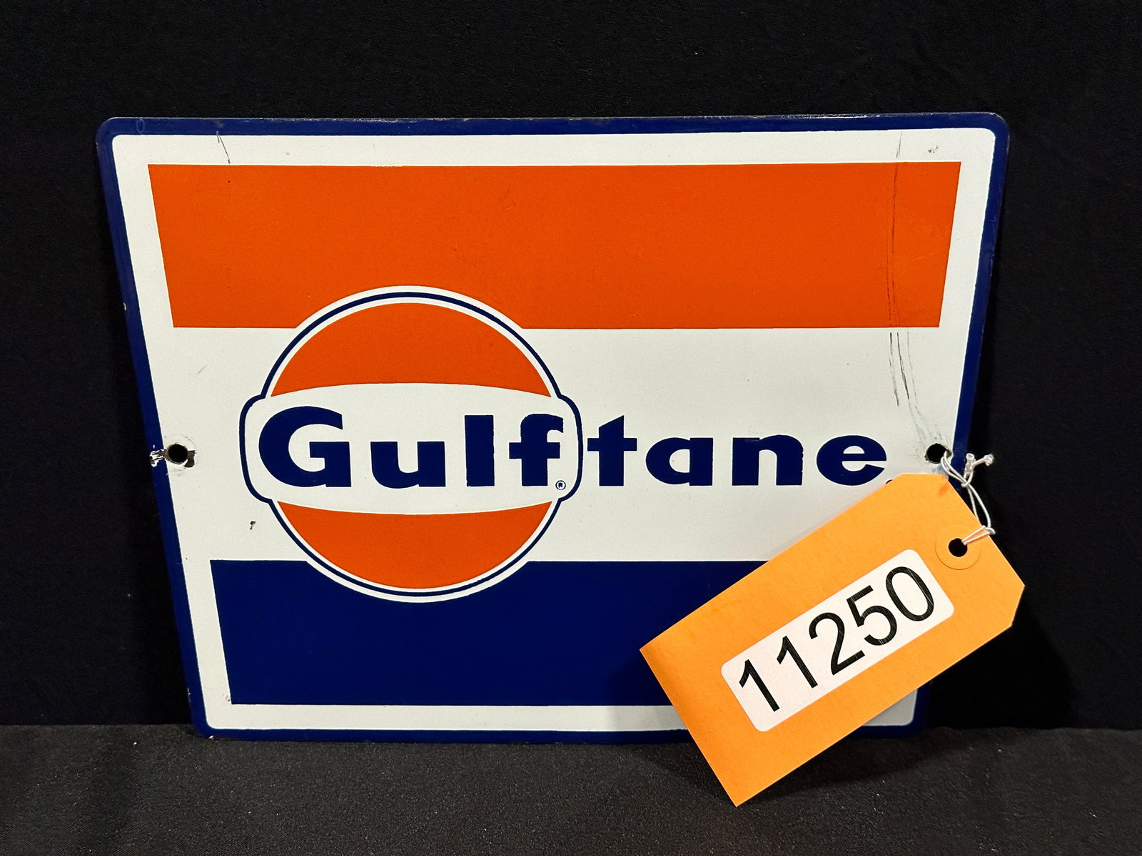Gulftane porcelain pump plate sign gulf: SSP (single sided porcelain) gulftane porcelain pump plate sign. 8.5" H x 11.5" W.