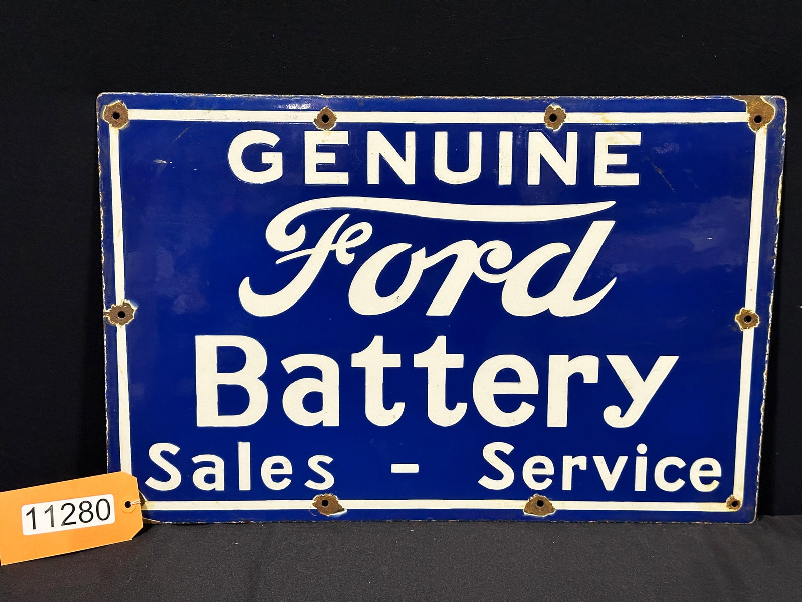 Ford battery sales service porcelain sign: SSP (single sided porcelain) reproduction ford battery porcelain sign. 15" H x 23" W.