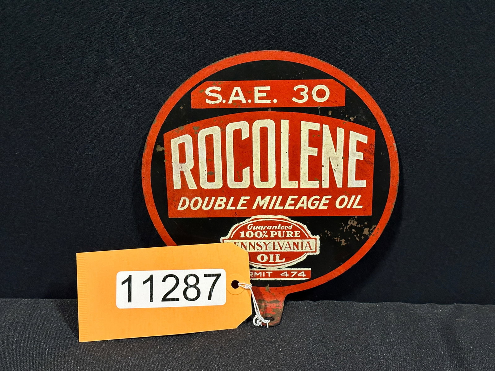Rocolene oil Pennsylvania paddle dealer gas sign: DST (double sided tin) Rocolene paddle sign. 7" H x 7" W x 1" D.