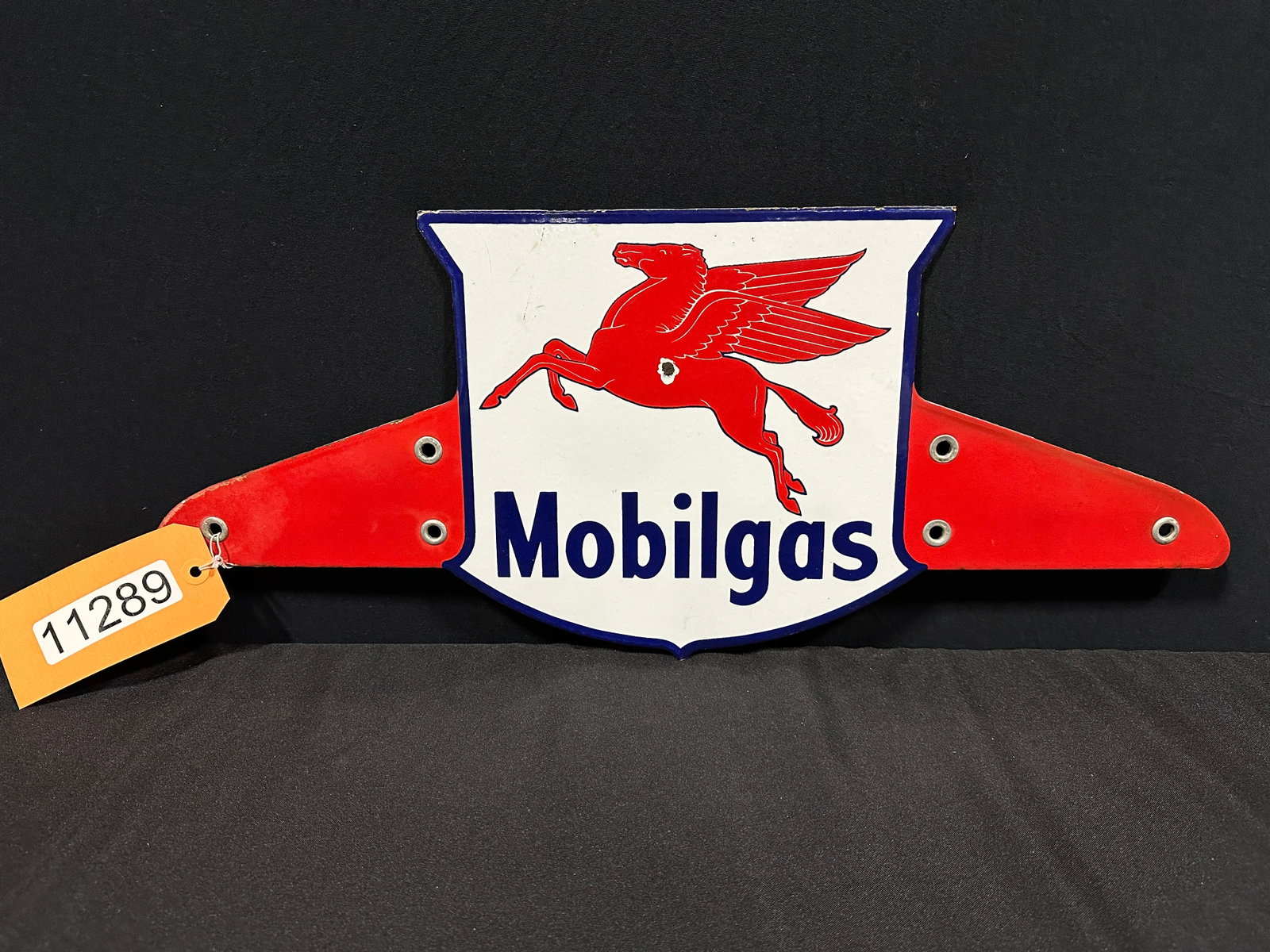 Mobil Gas porcelain Truck topper gas Pegasus sign: SSP (single sided porcelain) Mobilgas truck topper sign. 10" H x 24" W.