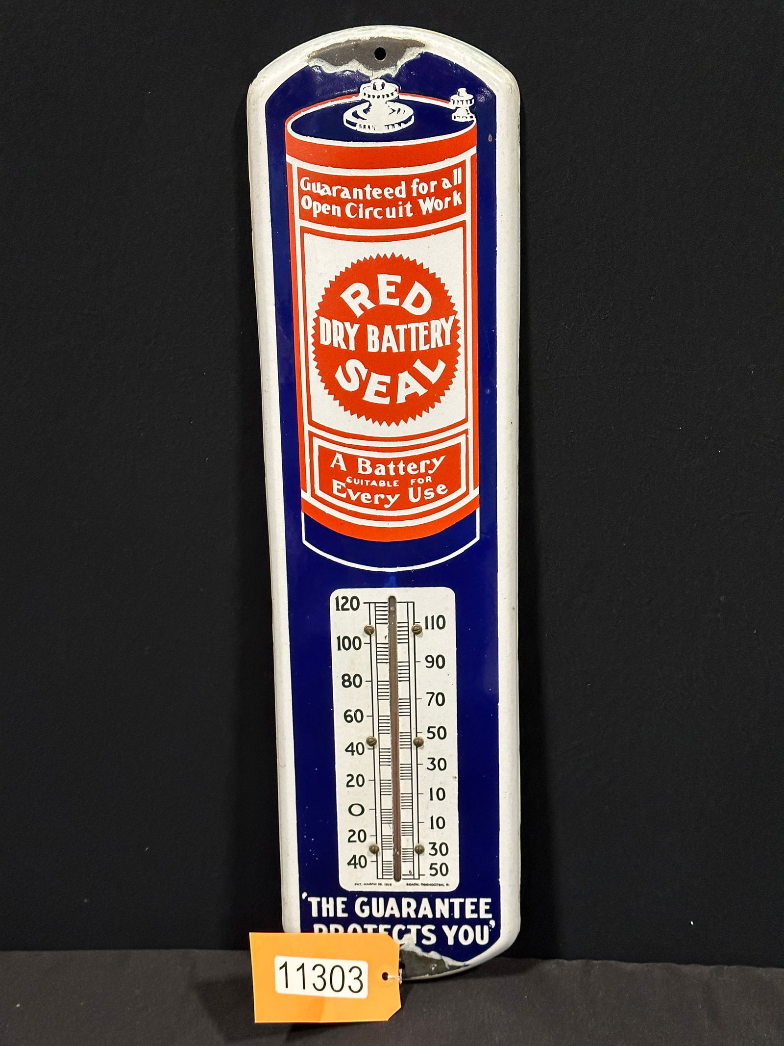 Red seal dry battery porcelain dealer thermometer sign (1 of 2)