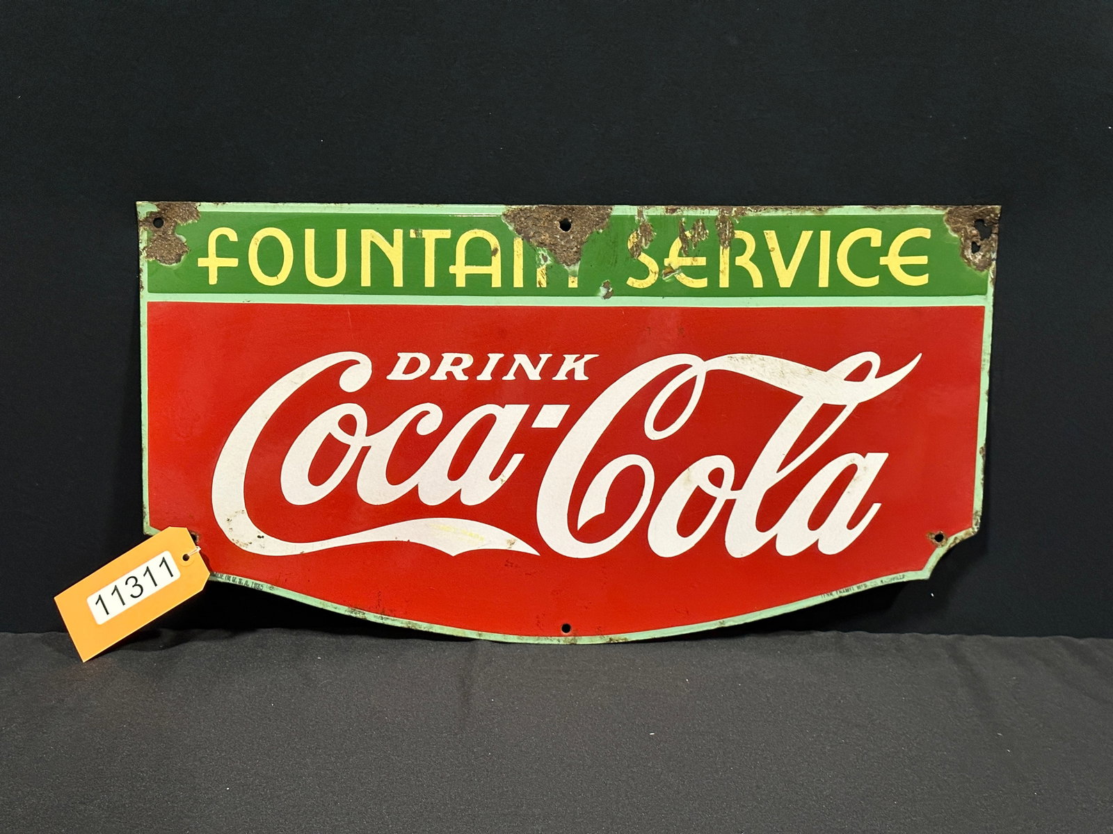 Coca Cola Coke fountain service porcelain soda sign: SSP (single sided porcelain) Coca Cola Coke fountain service porcelain sign. 14" H x 27" W.
