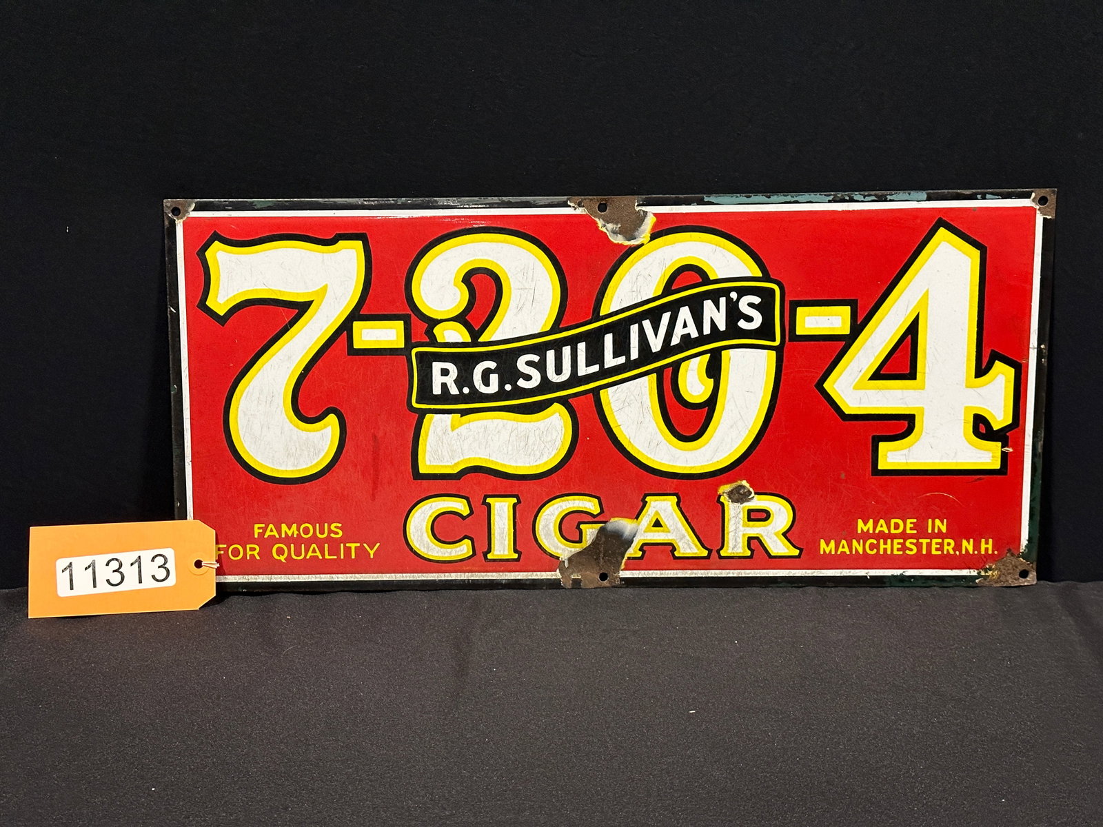 Sullivans 7204 Cigar tobacco porcelain dealer sign: SSP (single sided porcelain) 7204 Sullivans cigar porcelain sign. 10.5" H x 23" W.