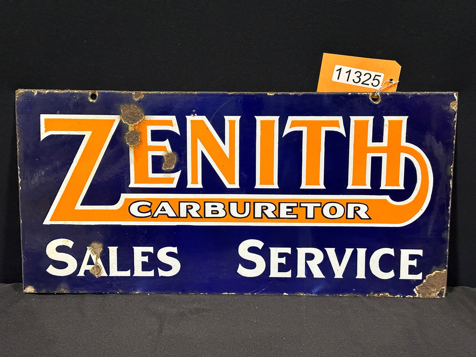 Zenith Carburetor Sales Service porcelain dealer sign: DSP (double sided porcelain) Zenith carburetor sales service porcelain sign. 13" H x 27" W.