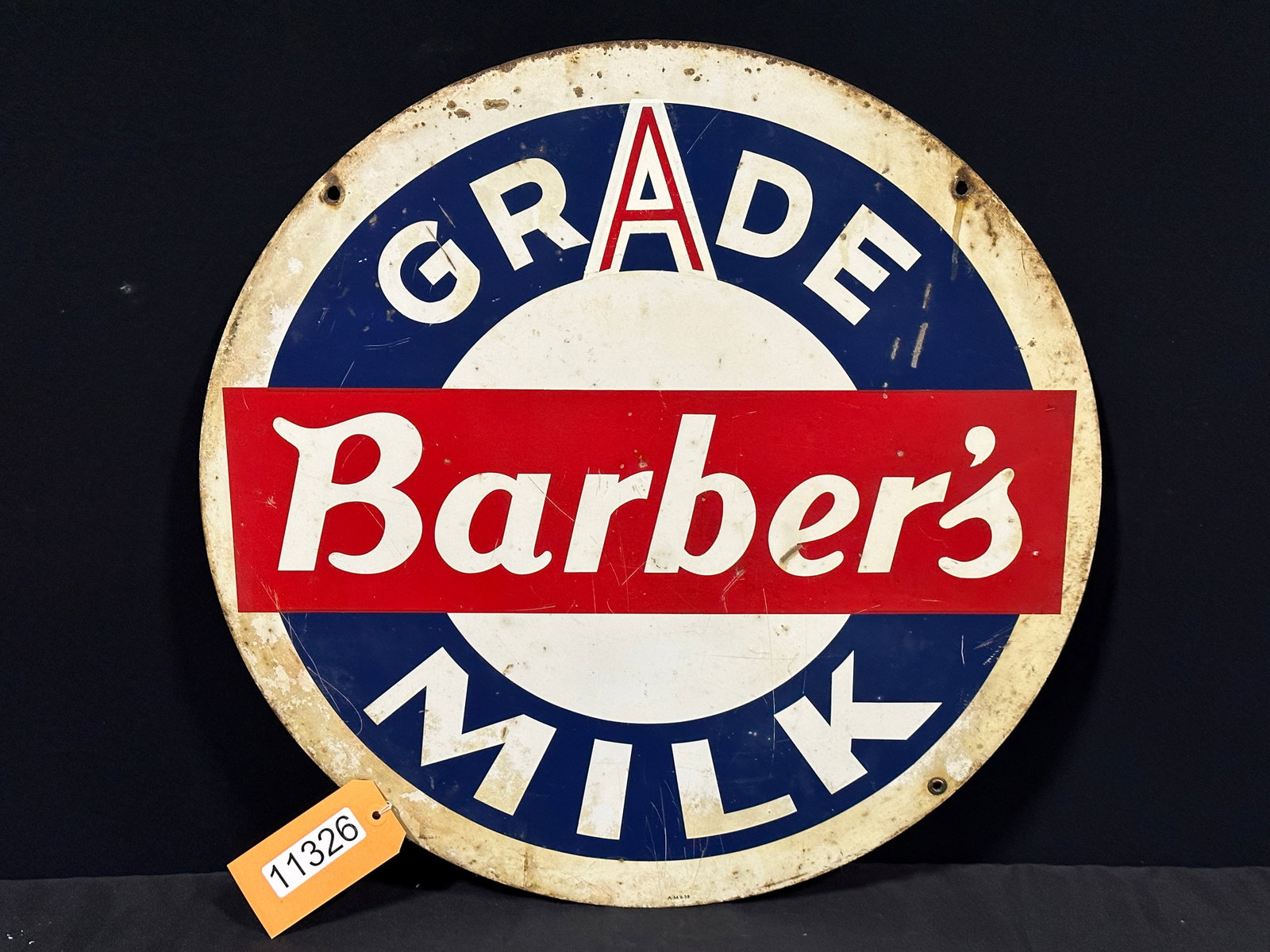 Barbers Grade A dairy Milk double sided tin metal sign: DST (double sided tin) Barbers Grade A milk sign. 24" H.