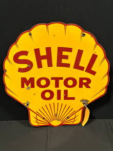 Shell motor oil gas porcelain double sided sign: DSP (double sided porcelain) Shell motor oil porcelain sign. 25" H x 25" W.