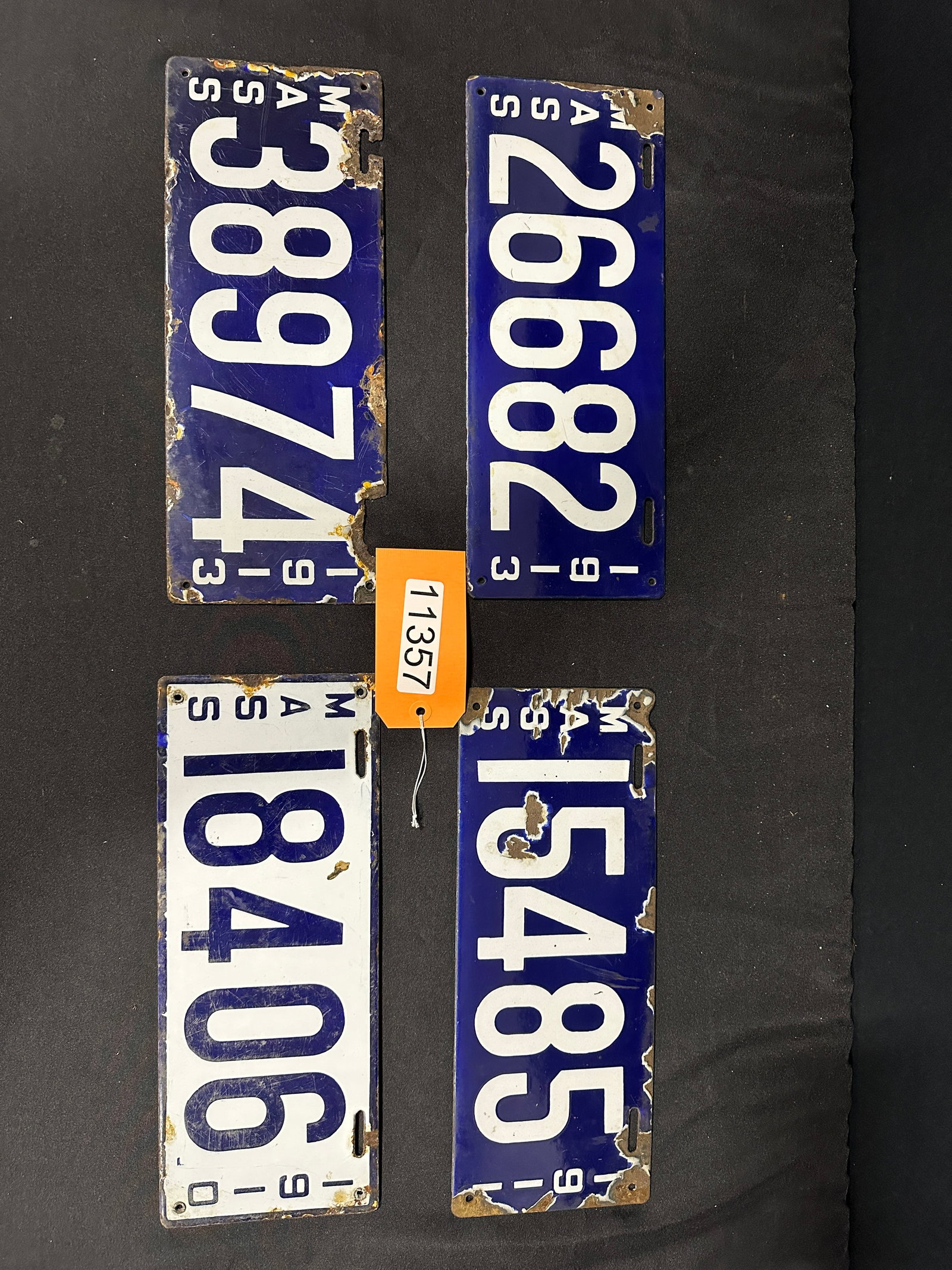 4 Massachusetts porcelain license plates 1910 1911 1913: 4 SSP (single sided porcelain) license plates from Massachusetts. 1910, 1911, 1913 and 1913.. 5.5" H x 14" W.