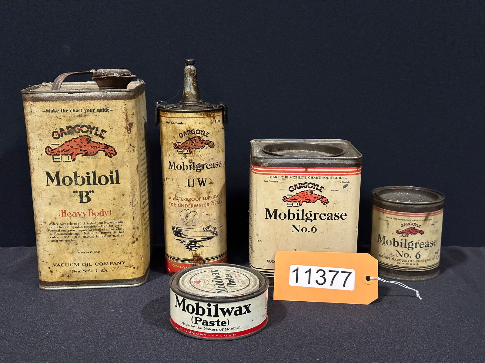 5 Gargoyle Mobiloil grease paste wax oil cans (1 of 2)