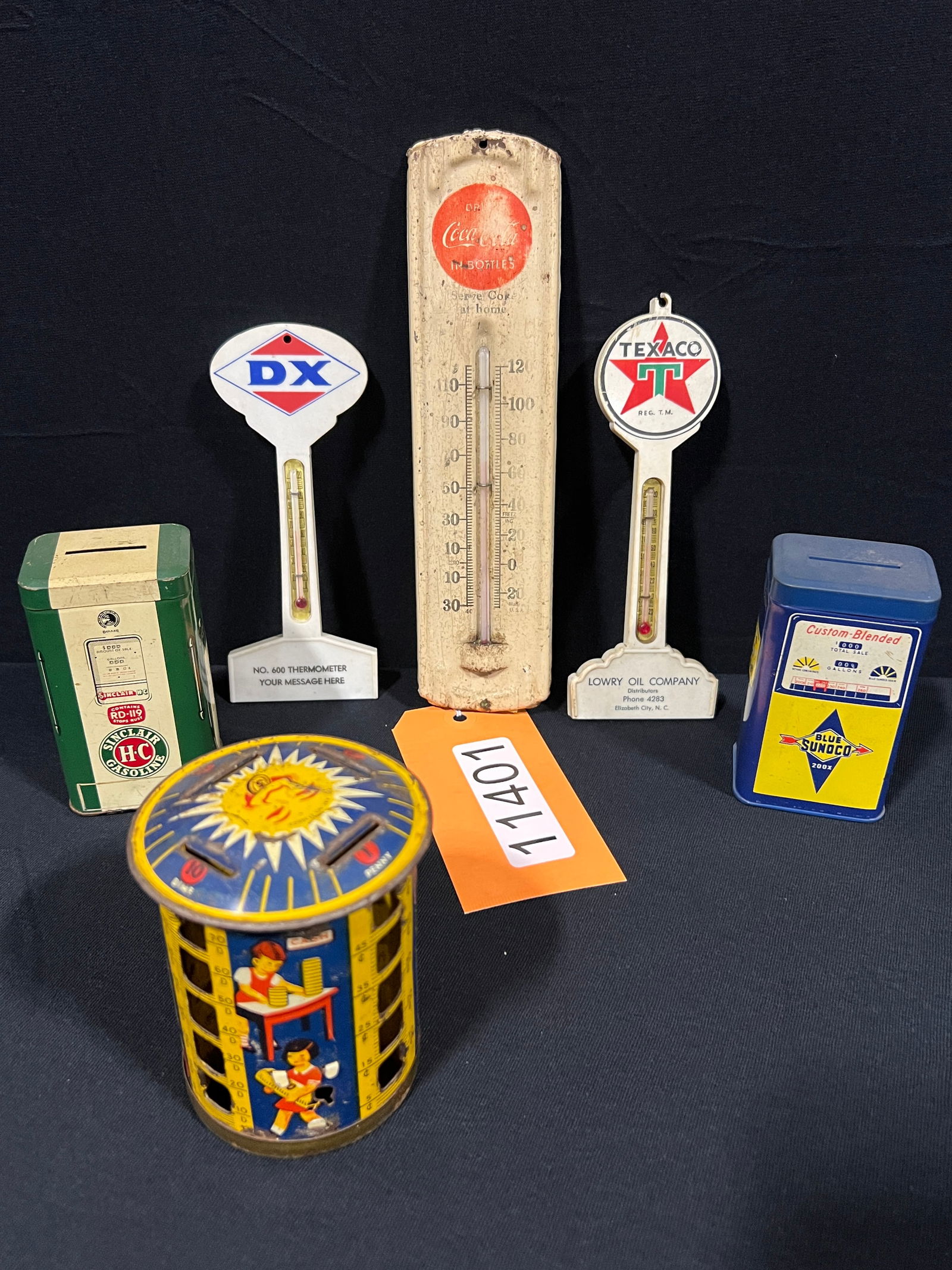 6 DX Texaco Coke Sinclair Sunoco thermometers  toy bank (1 of 2)