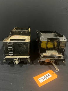 Buddy L railroad metal box car toy Outdoor Railroad: 2 black buddy L outdoor railroad cars. 20" H x 8" W x 7" D.