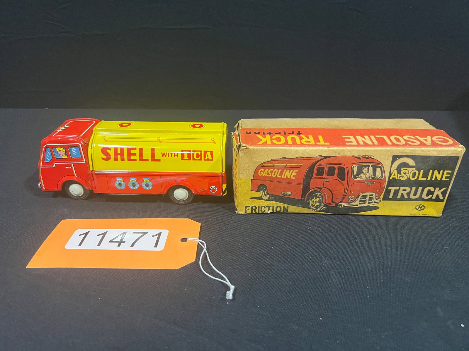 Japan Friction tin litho shell gas ICA truck with box: Shell friction toy in the box. 8" H x 4" W x 3" D.