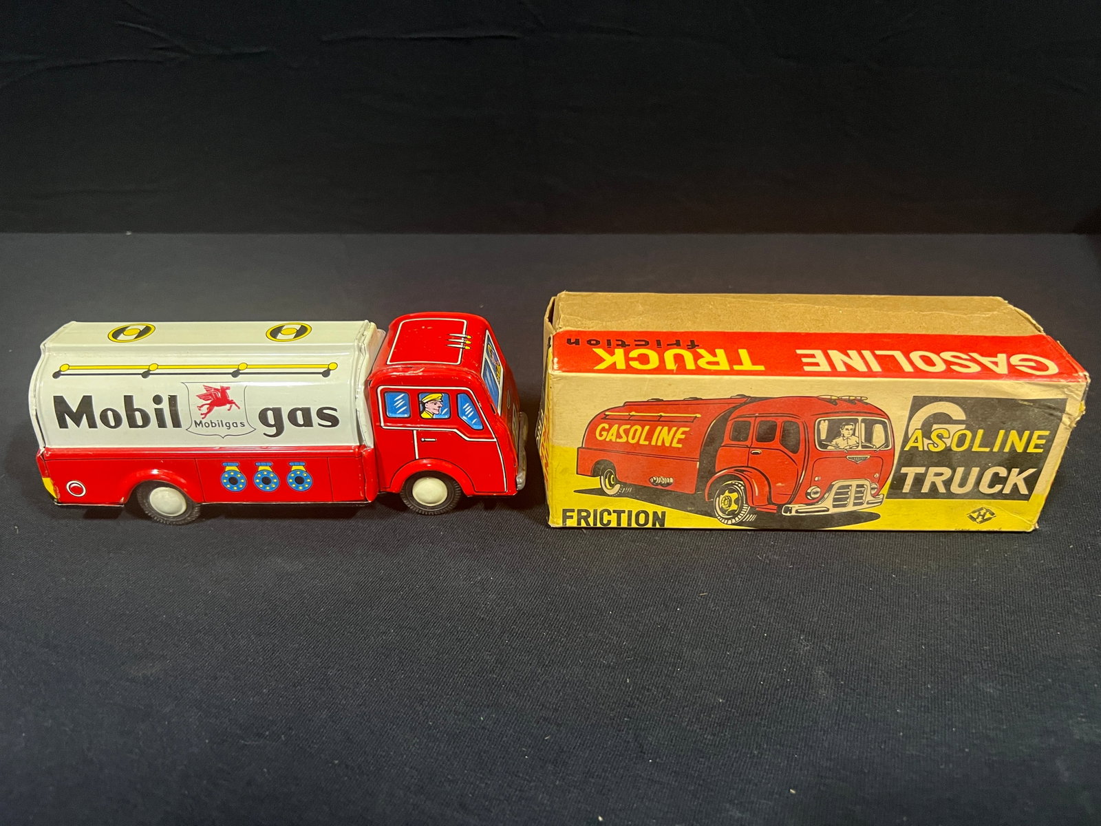Japan friction tin litho Mobil gas truck with box: Mobil gas tin litho friction truck. 8" H x 4" W x 3" D.