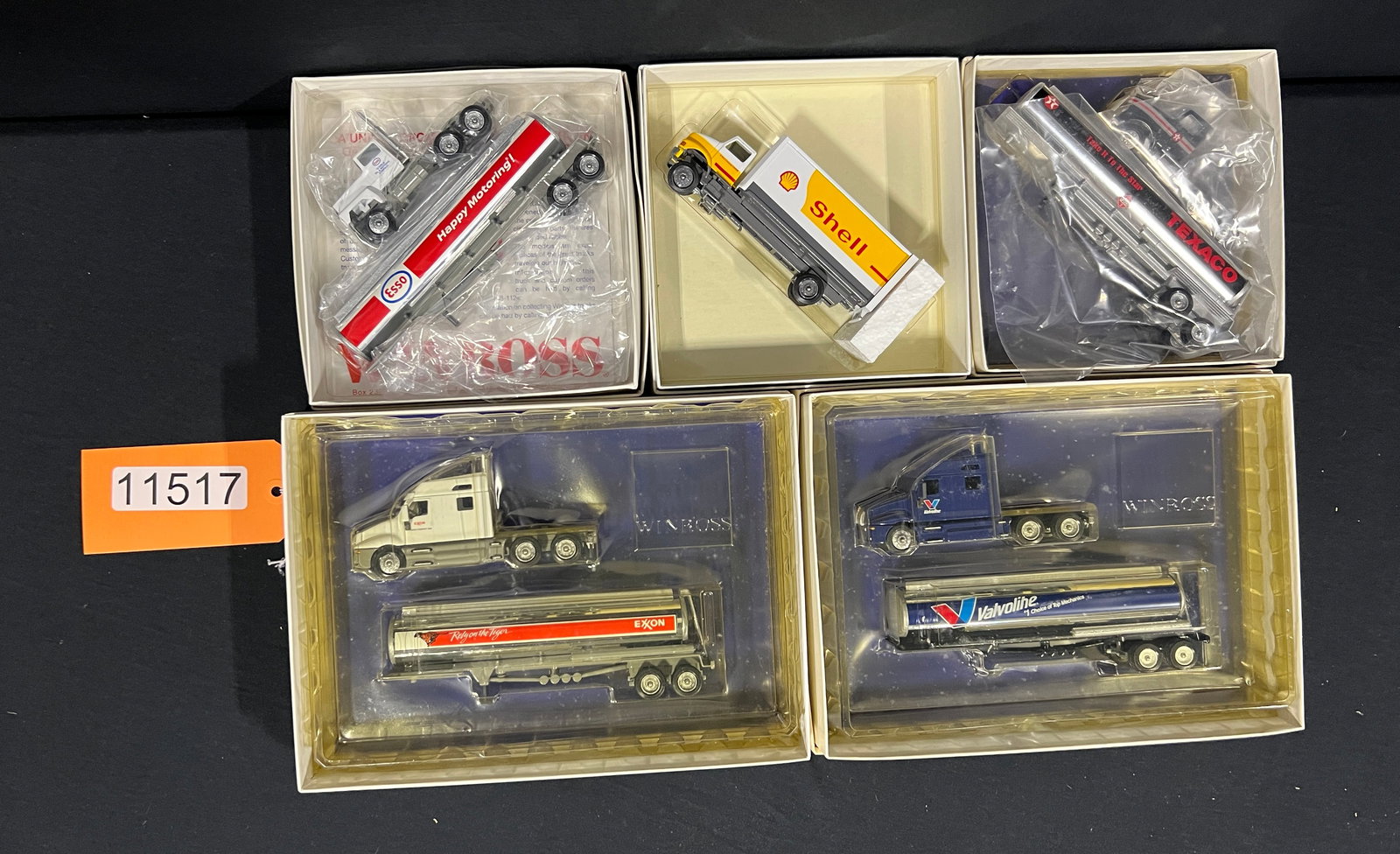 Winross Shell Exxon Valvoline Esso Texaco gas truck: 5 Winross Exxon Shell Valvoline Esso and Texaco trucks. 7" H x 7" W x 4" D.